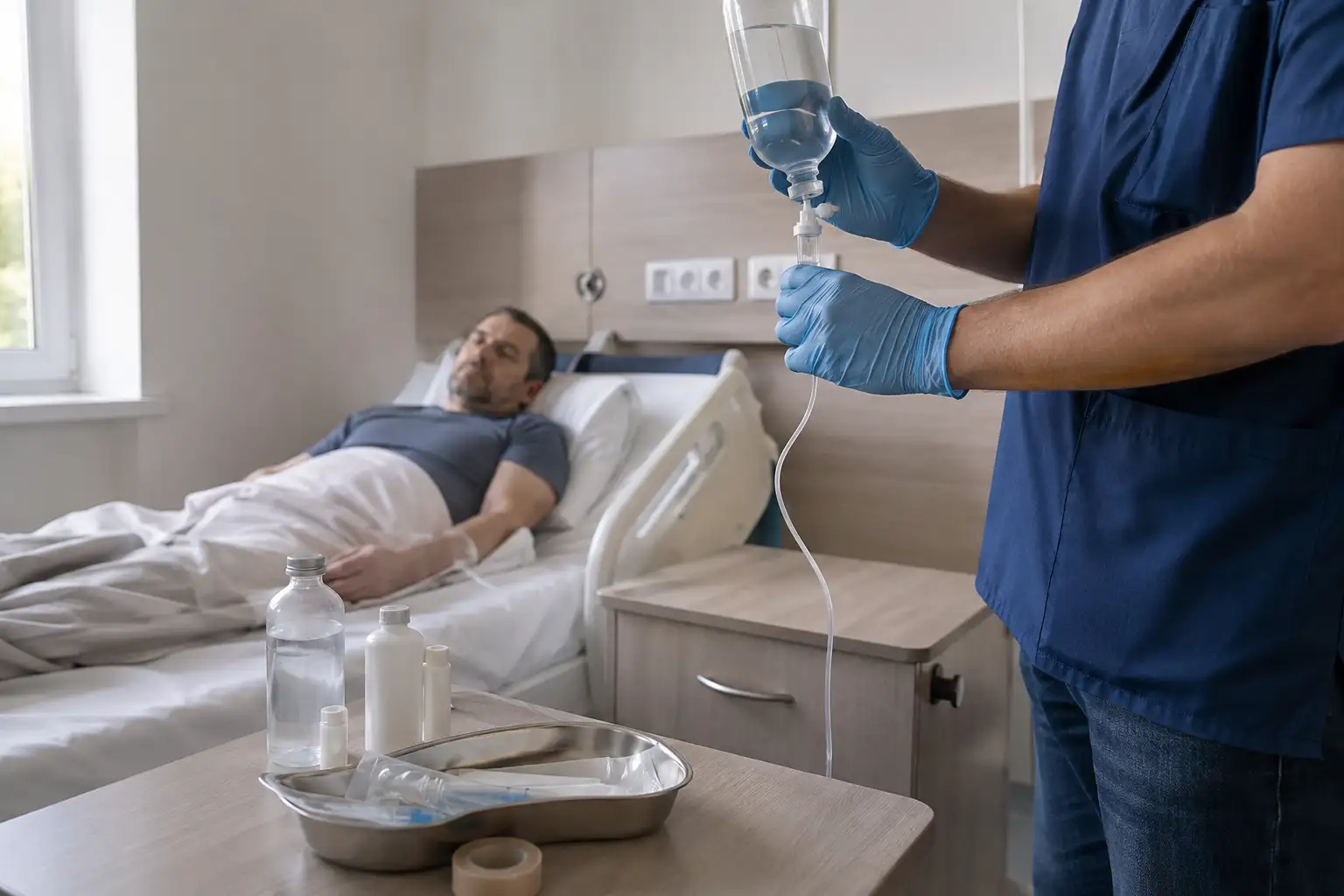 Врач готовит пациента к выводу из запоя в стационаре